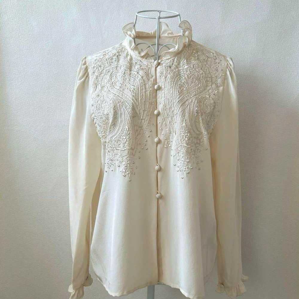 Vintage frilled stand collar embroidered blouse, … - image 6