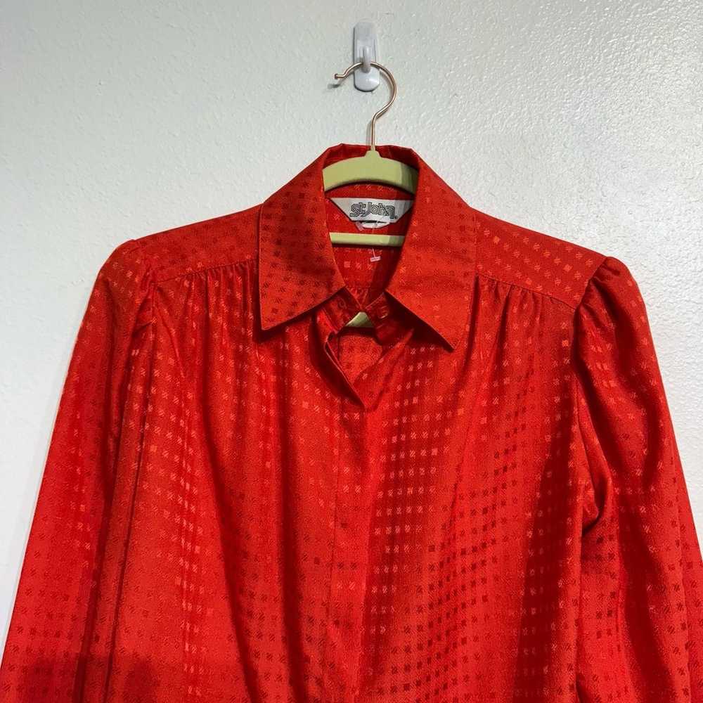 St. John Red Houndstooth Silk Button Down Blouse … - image 2