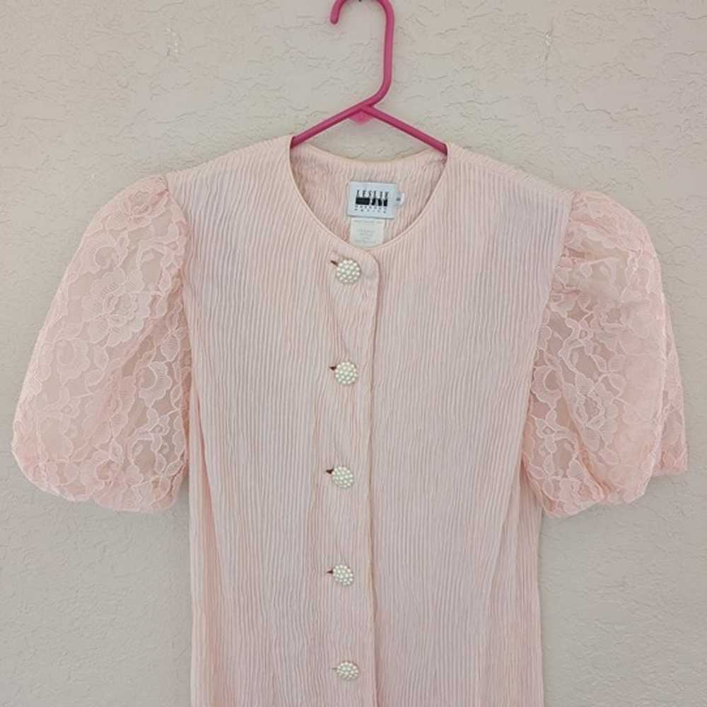 Vintage Leslie Fay Petites Pink Dress Lace Puff S… - image 1