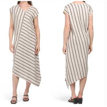 Tahari Linen Natural Black Stripe Asymmetrical Mid