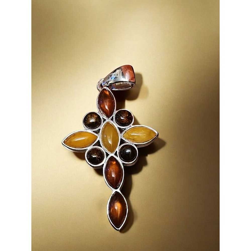 Amber-Like Sterling Silver Cross Pendant – Honey … - image 1