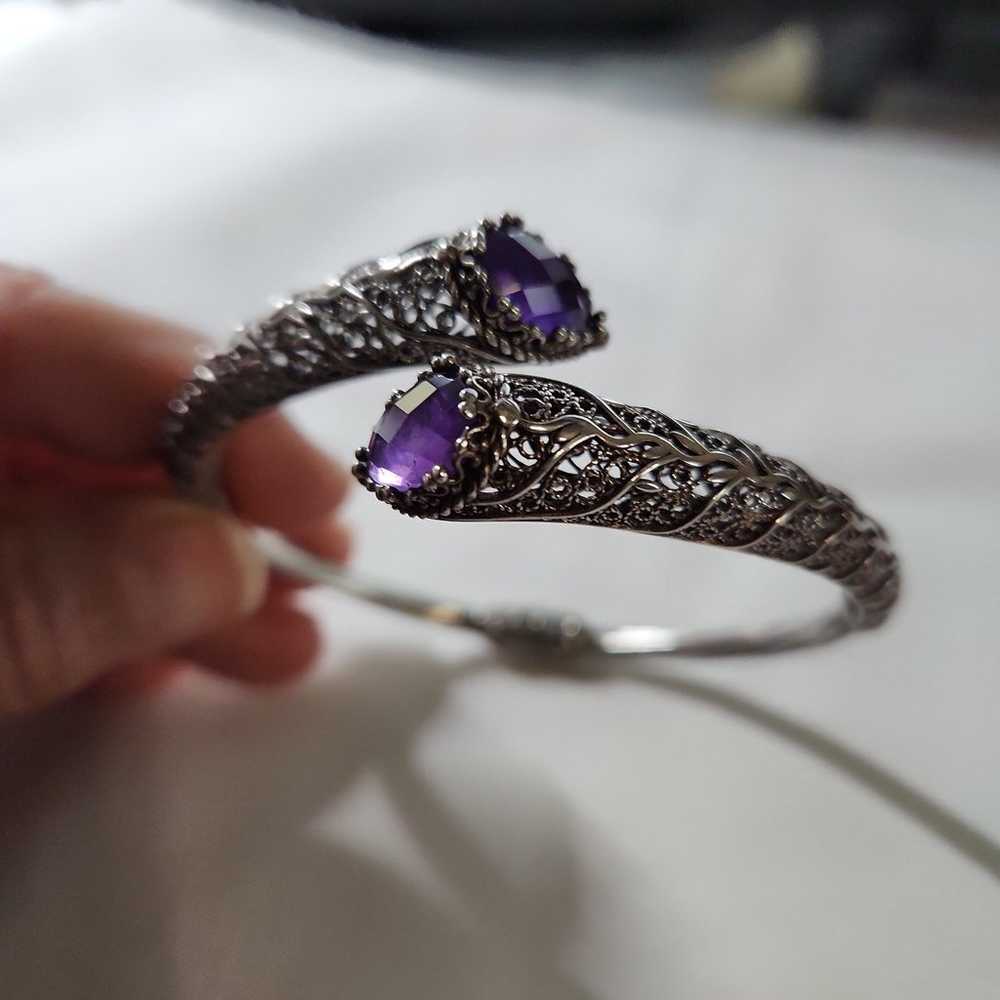 Sterling Silver Gemstone Filigree Bypass Cuff Bra… - image 1