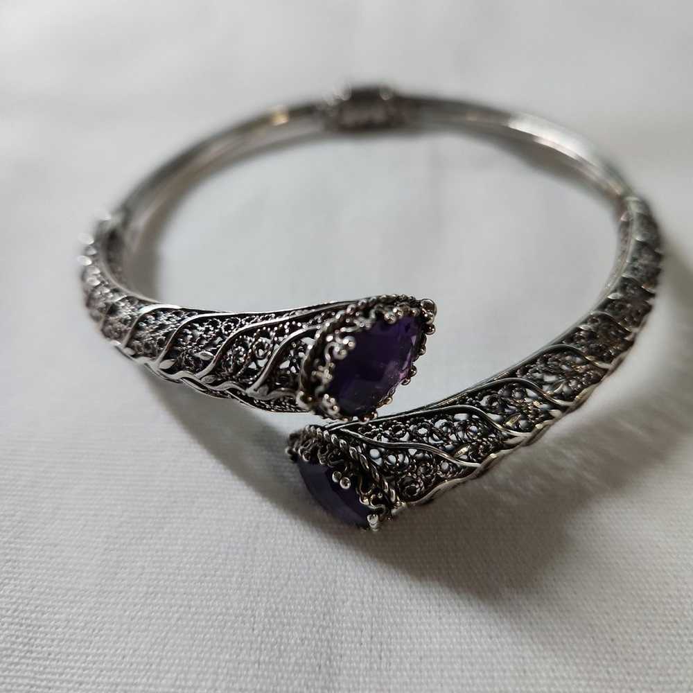 Sterling Silver Gemstone Filigree Bypass Cuff Bra… - image 2