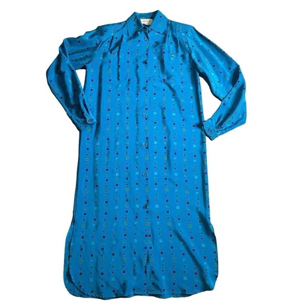 Vintage 80s Retro Geometric Print Silk Midi Shirt… - image 2