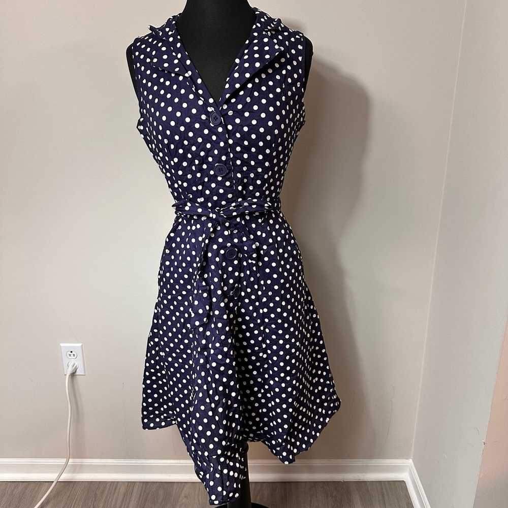 Mlle Gabrielle Navy Polka Dot Tie Dress in Size M… - image 1