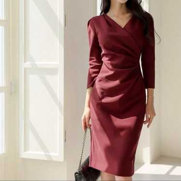 Burgundy Wrap Style Long Sleeve Dress