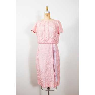 Vintage 50s Pink Wiggle Dress, Blush Lace Rockabi… - image 1