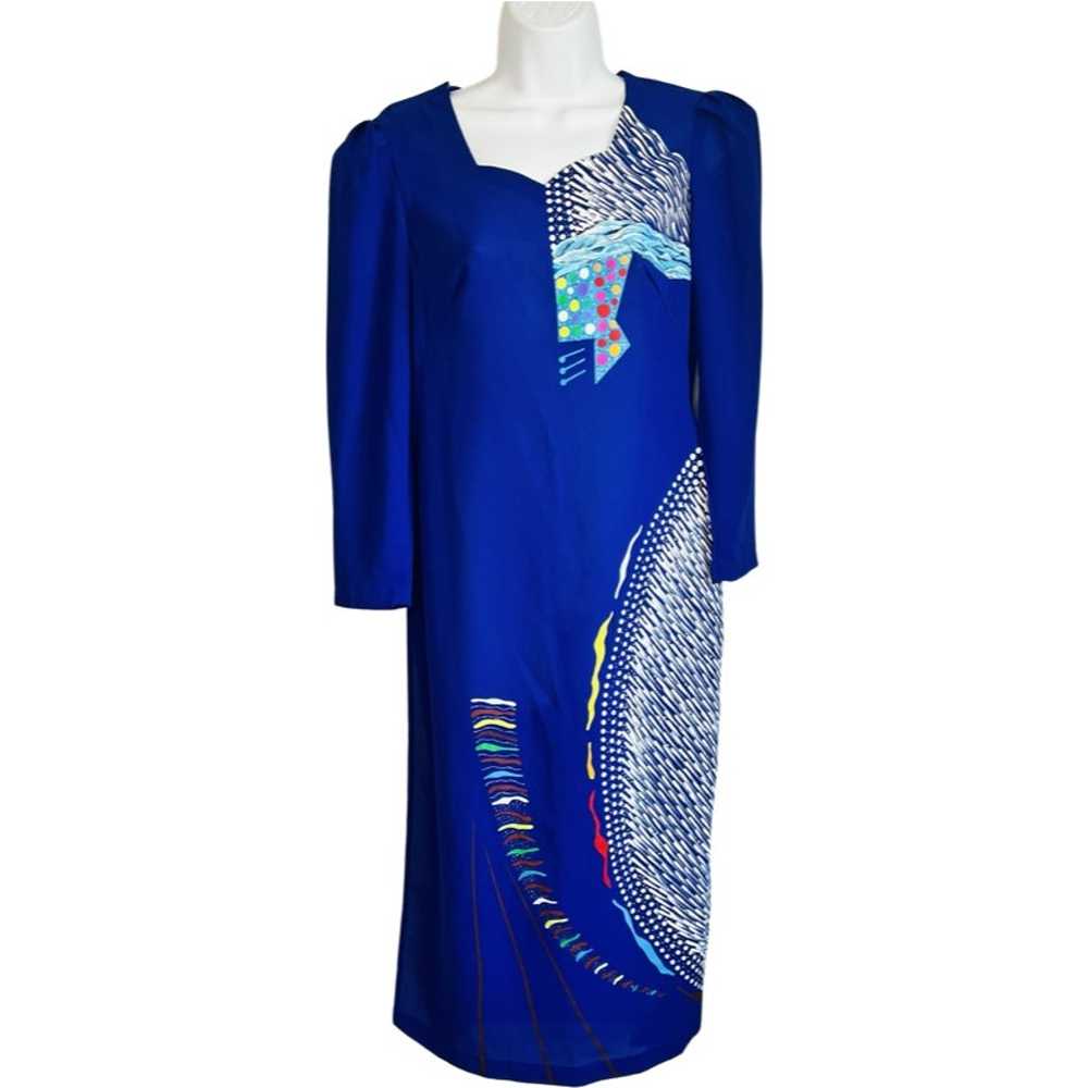 Vintage 80s Asian Cheongsam Blue Purple Hand Pain… - image 1