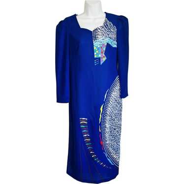 Vintage 80s Asian Cheongsam Blue Purple Hand Pain… - image 1