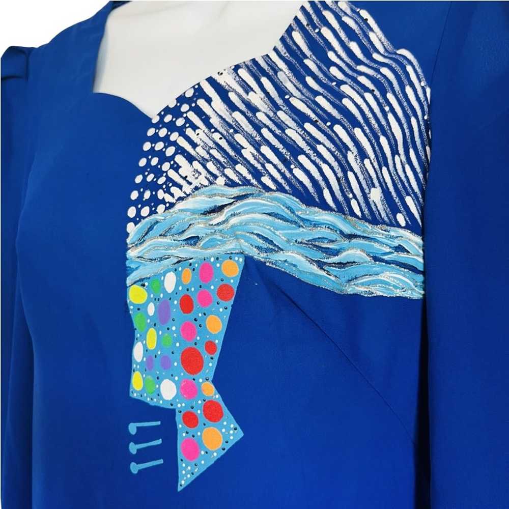 Vintage 80s Asian Cheongsam Blue Purple Hand Pain… - image 9