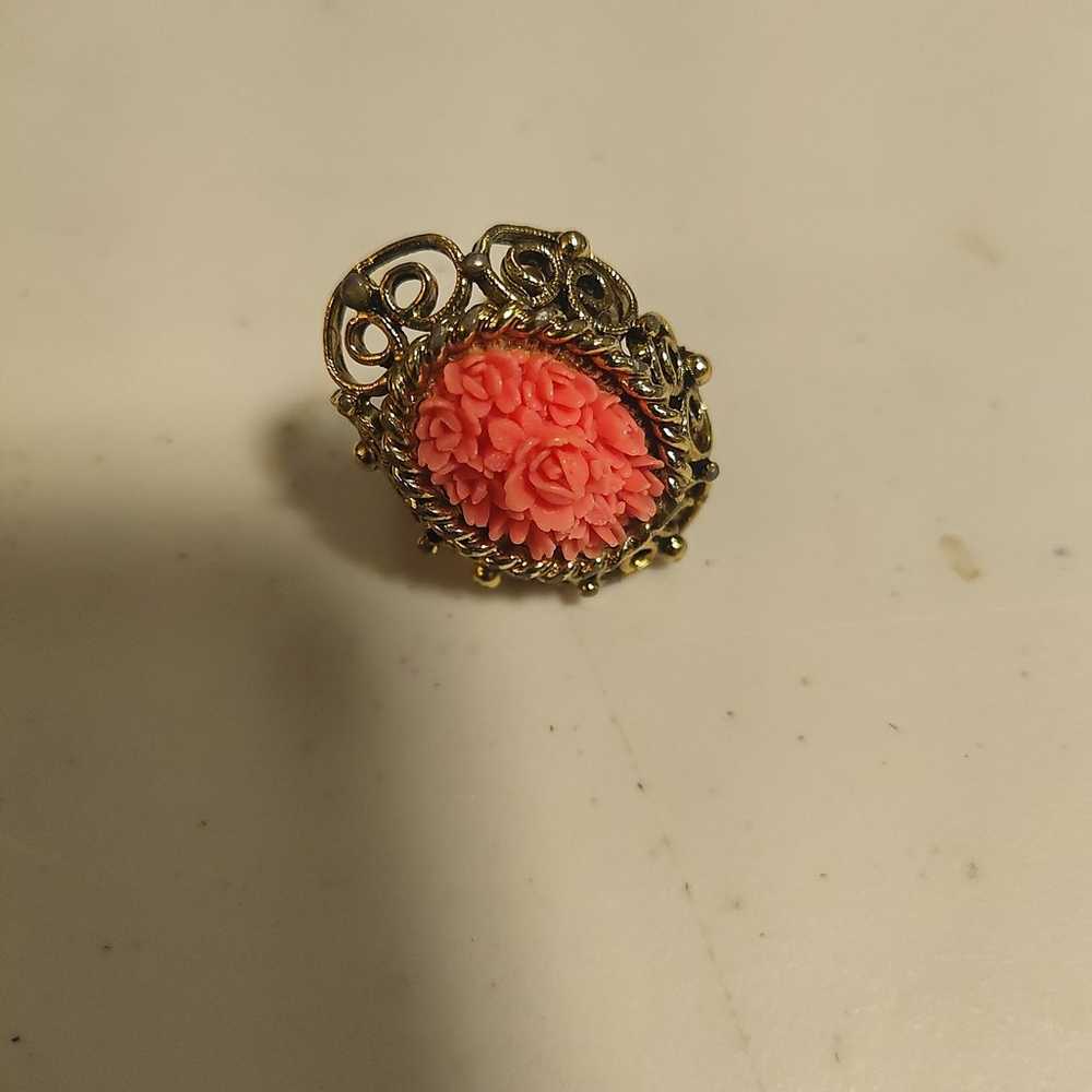 Faux Carved Coral Flowers Ring Vintage Adjustable - image 1