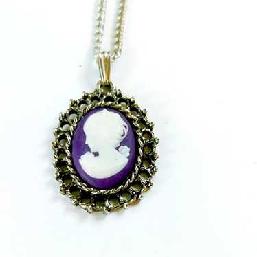 Vintage Purple Cameo Pendant on Silver-Tone Neckla