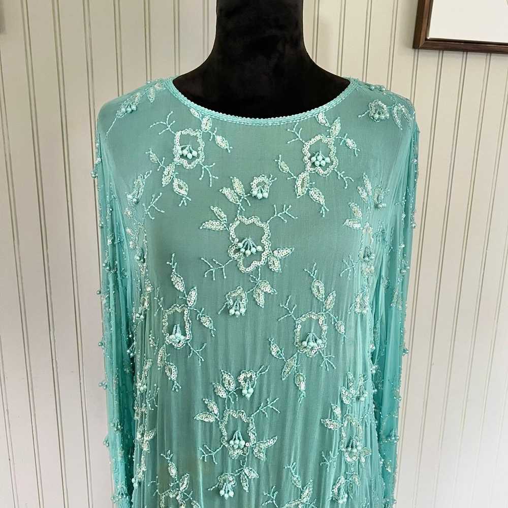 J K Lang Vintage Silk Beaded Mesh Turquoise Blue … - image 2