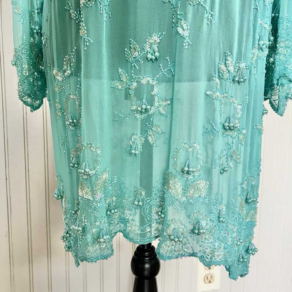 J K Lang Vintage Silk Beaded Mesh Turquoise Blue … - image 6