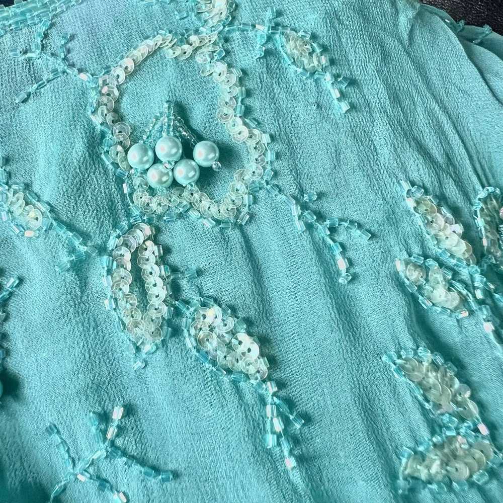 J K Lang Vintage Silk Beaded Mesh Turquoise Blue … - image 8