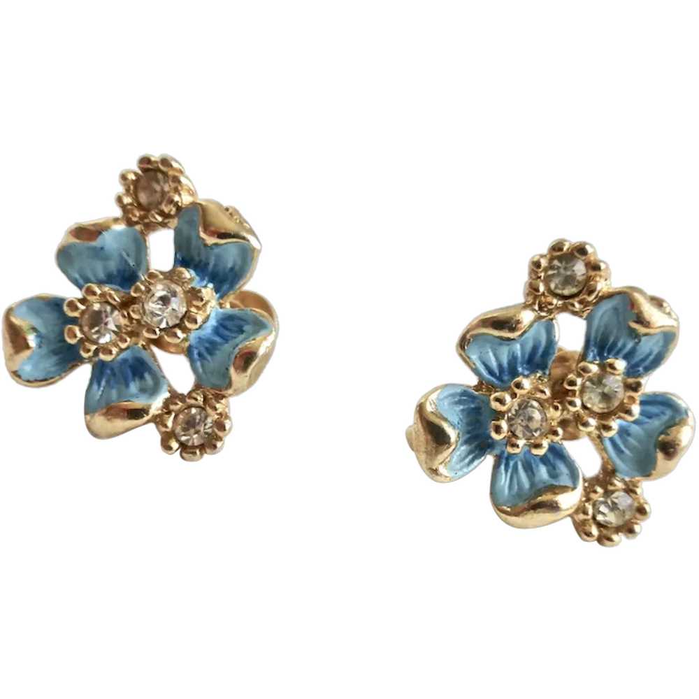 Early KRAMER 1940s Blue Enamel Flowers, Rhineston… - image 1