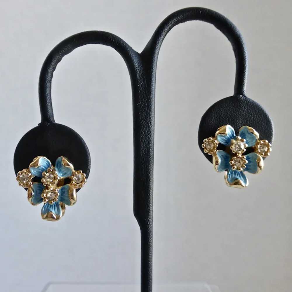 Early KRAMER 1940s Blue Enamel Flowers, Rhineston… - image 2