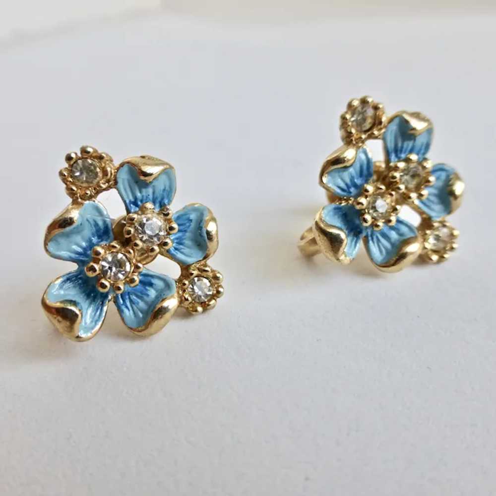 Early KRAMER 1940s Blue Enamel Flowers, Rhineston… - image 3