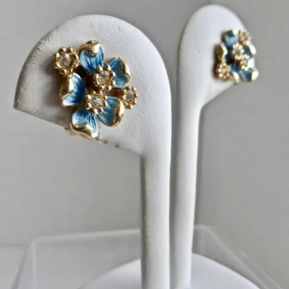 Early KRAMER 1940s Blue Enamel Flowers, Rhineston… - image 4