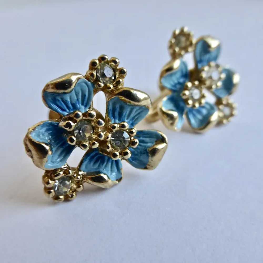 Early KRAMER 1940s Blue Enamel Flowers, Rhineston… - image 5