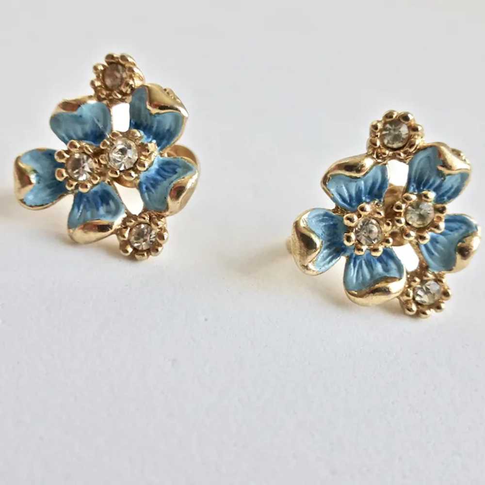 Early KRAMER 1940s Blue Enamel Flowers, Rhineston… - image 9