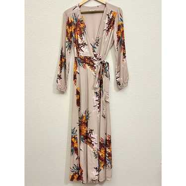 THE ODELLS Maxi Wrap Dress Beige Floral Long Slee… - image 1