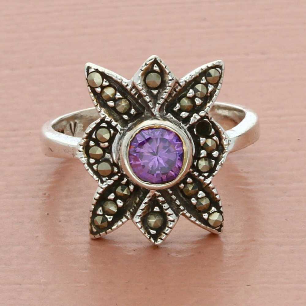 sterling silver vintage marcasite studded purple … - image 1