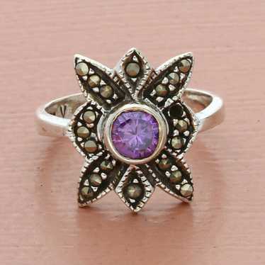 sterling silver vintage marcasite studded purple … - image 1