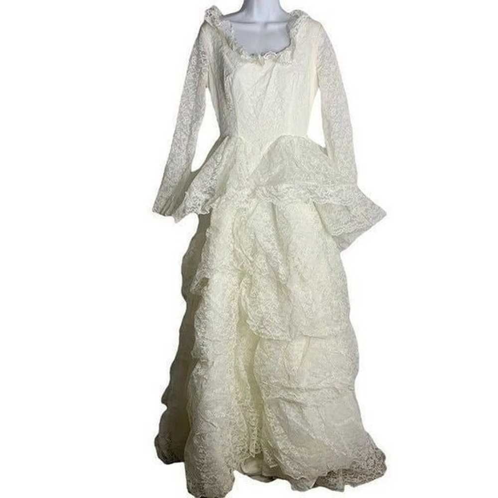 Vintage 70s Floral Lace Wedding Dress S White Tie… - image 1