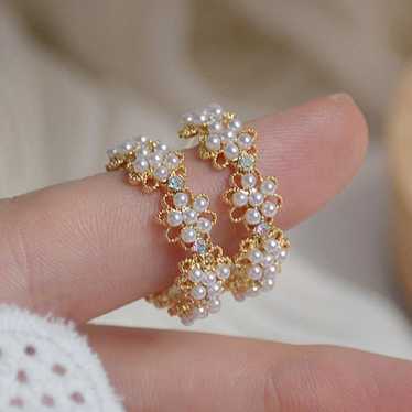 NEW 14K Gold Plated Pearl Flower Hoop Earrings - image 1