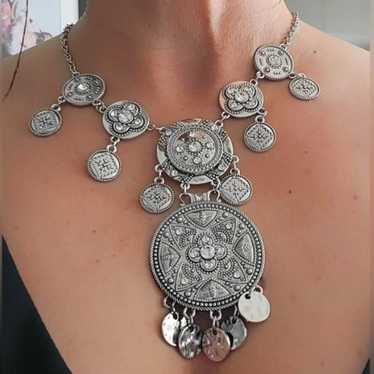 Bohemian Statement Necklace – Vintage Silver Fini… - image 1