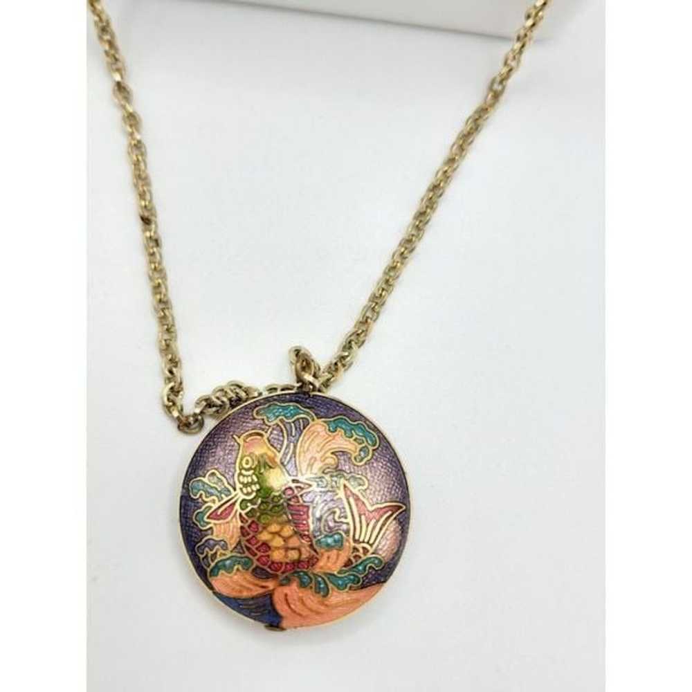 Vintage Signed gold chain circle Colisonne koi fi… - image 6