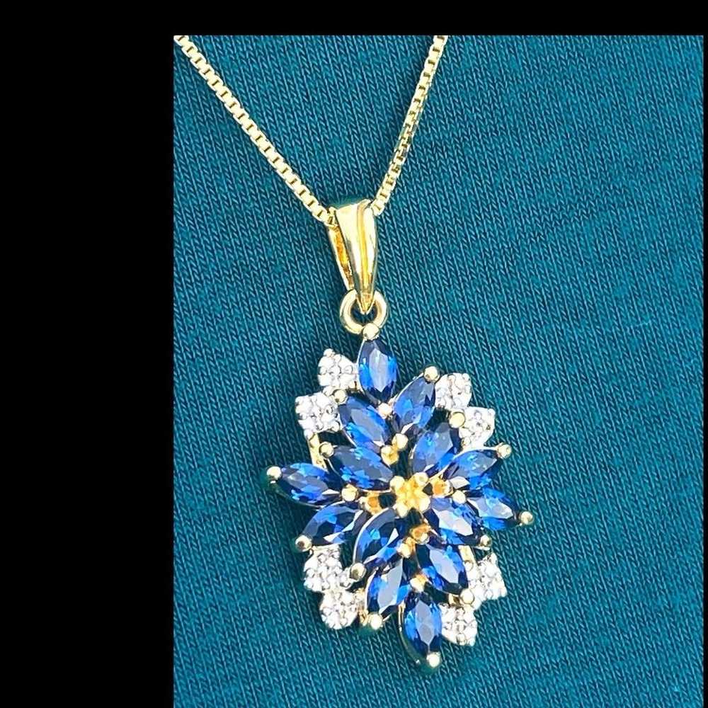 PAJ Blue Sapphire Cluster Pendant Necklace Gold-P… - image 2