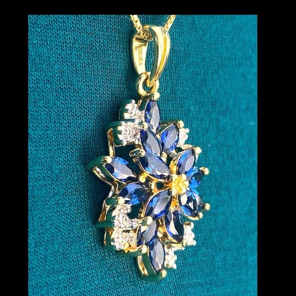 PAJ Blue Sapphire Cluster Pendant Necklace Gold-P… - image 3