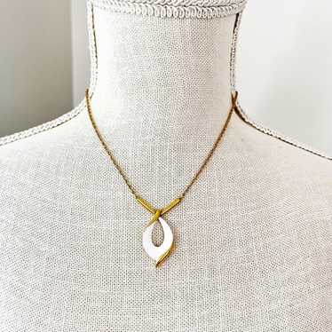 Crown Trifari Vintage White Enamel Teardrop Penda… - image 1