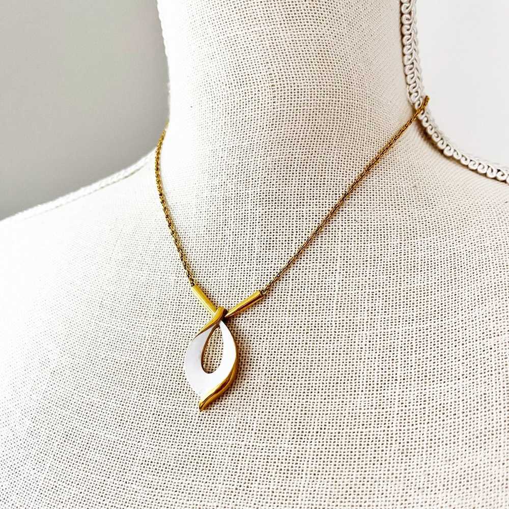 Crown Trifari Vintage White Enamel Teardrop Penda… - image 3