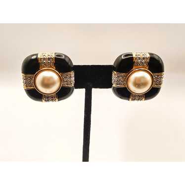 SAL Vintage Black Gold Statement Earrings Crystal… - image 1