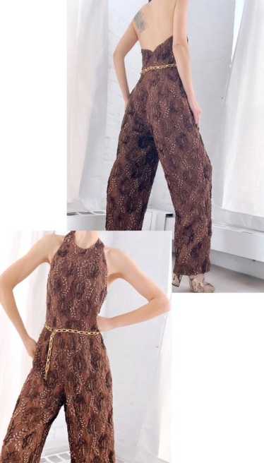 silk chocolate sequin beaded halter jumpsuit