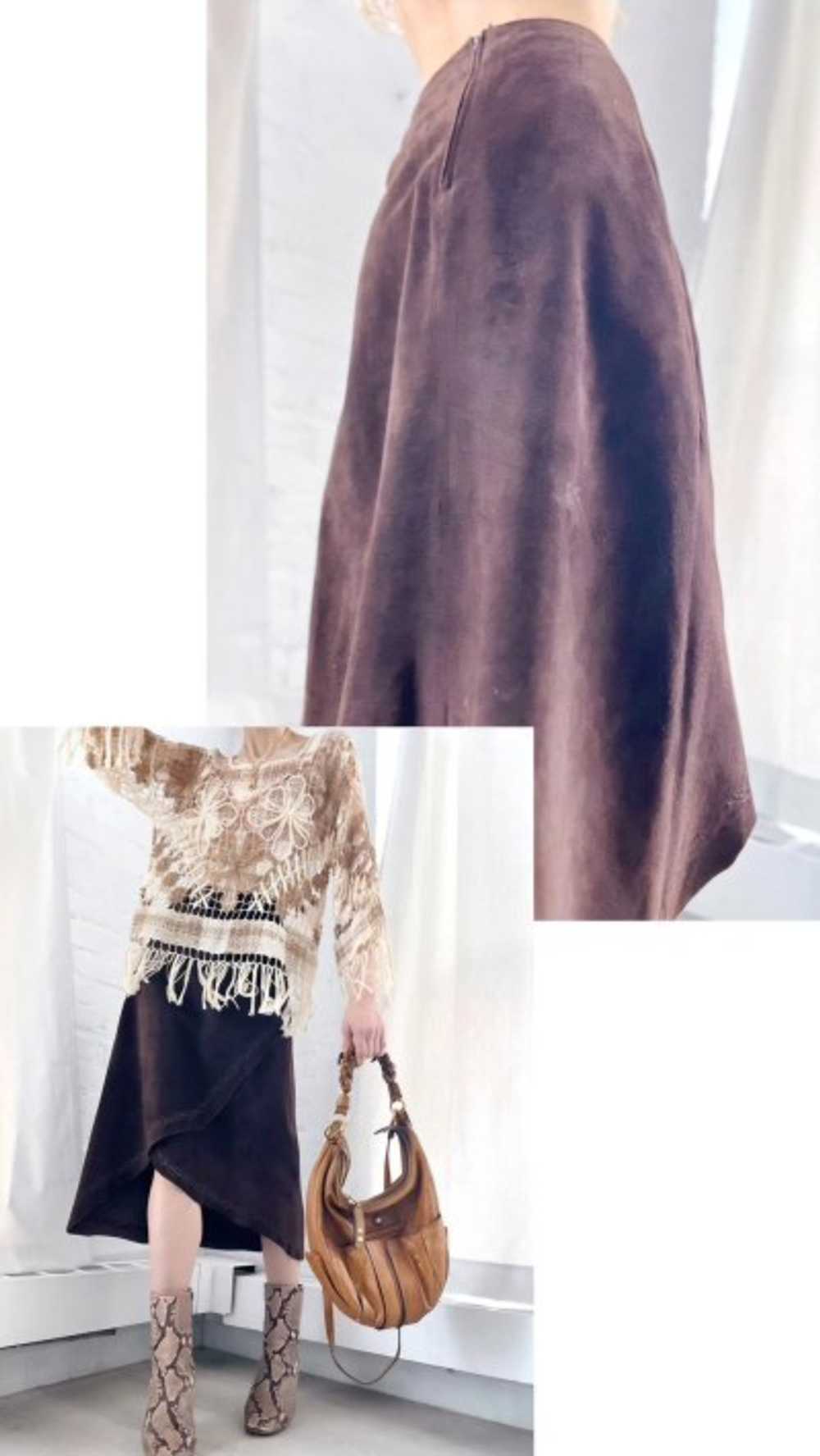 chocolate suede high & low skirt - image 2