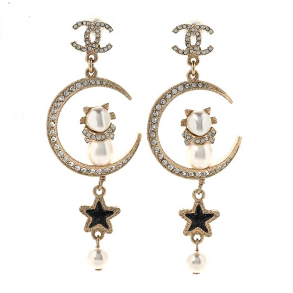 CHANEL Metal Glass Crystal CC Cat Moon Earrings G… - image 1