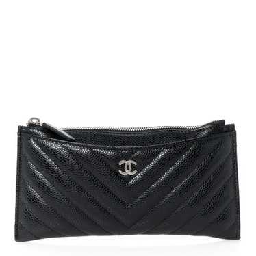 CHANEL Caviar Chevron Quilted Zip Pouch Black