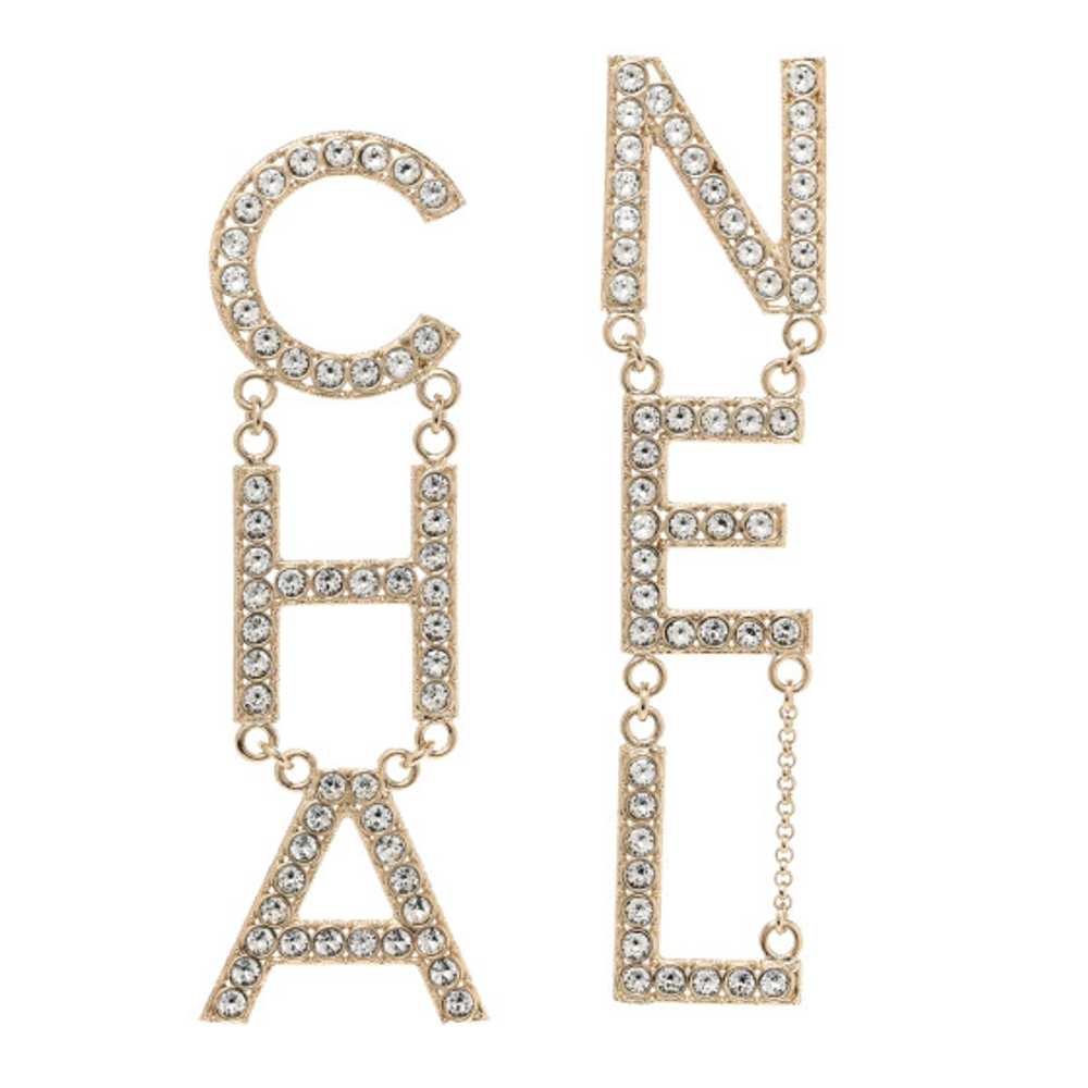 CHANEL Crystal Cha-Nel Logo Drop Earrings Gold - image 1