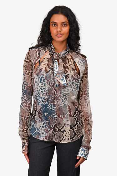 Just Cavalli Brown Sheer Snake Print Silk Blouse S