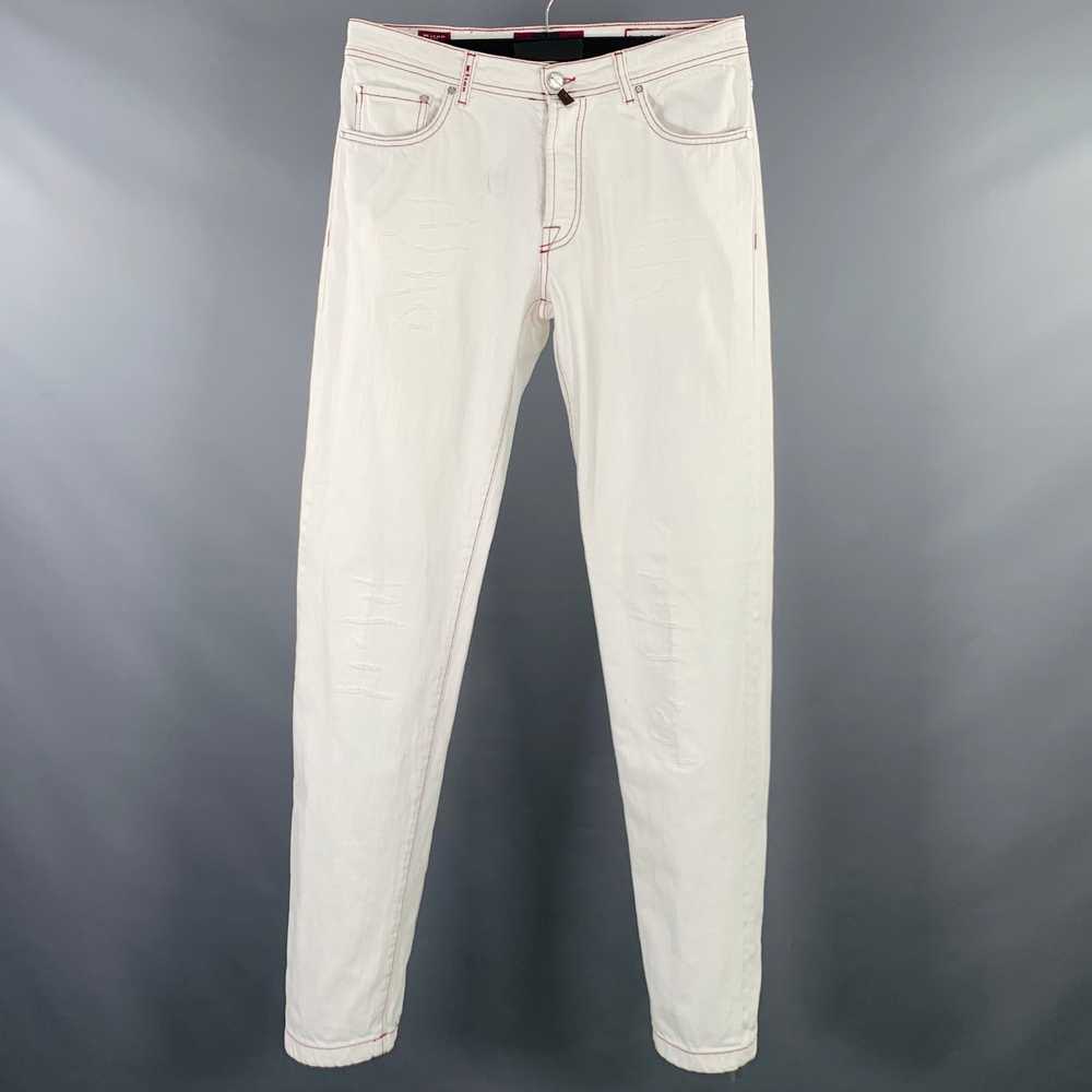 Kiton KITON White Red Contrast Stitch Distressed … - image 1