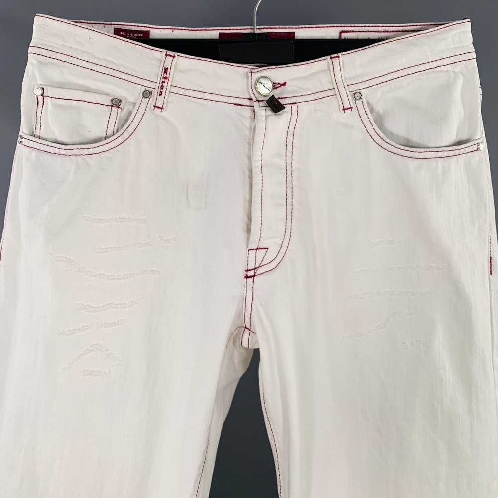 Kiton KITON White Red Contrast Stitch Distressed … - image 2