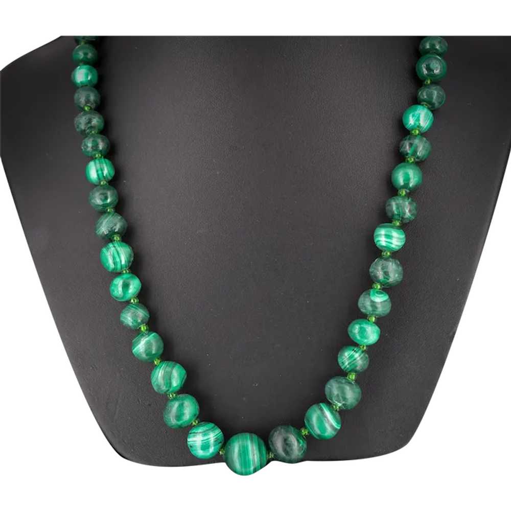 Vintage Graduated Green Malachite Beaded Necklace… - image 1