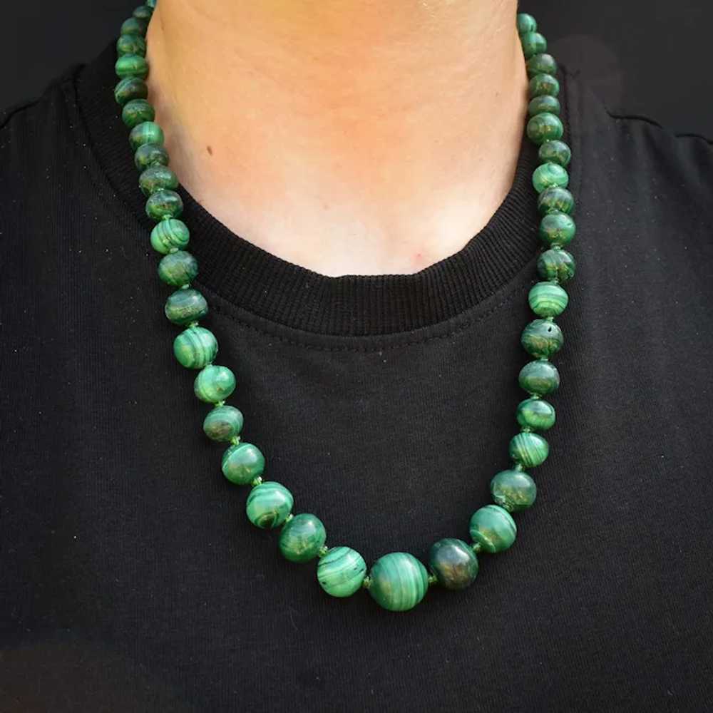 Vintage Graduated Green Malachite Beaded Necklace… - image 2