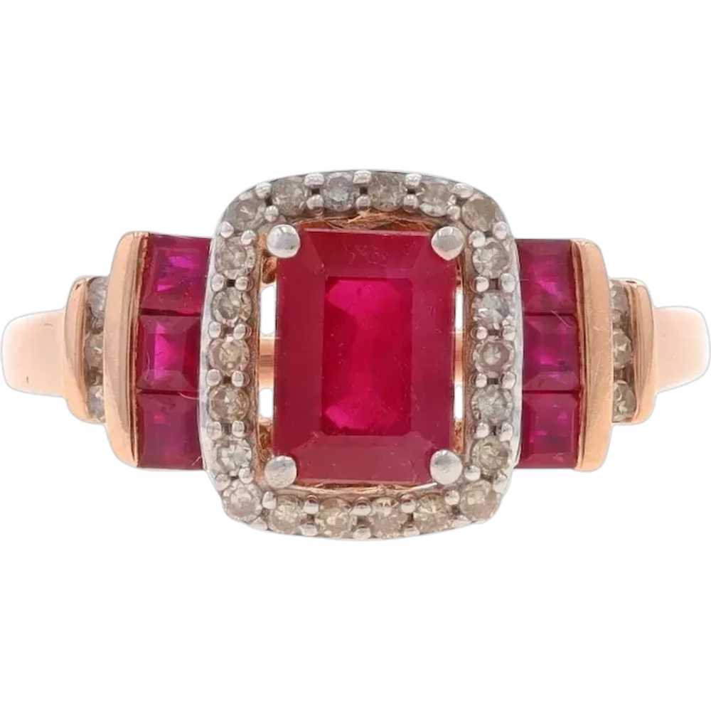 Rose Gold Ruby Diamond Halo Ring - 14k Emerald Cu… - image 1