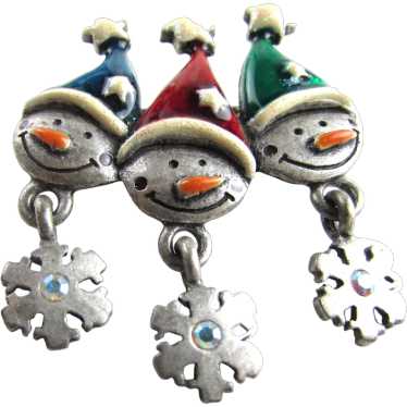 Triple Elf Christmas Pin With Enamelled Hats and … - image 1