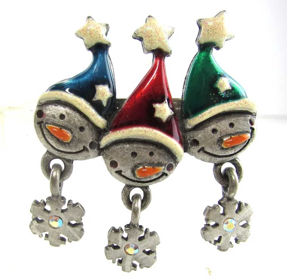 Triple Elf Christmas Pin With Enamelled Hats and … - image 2